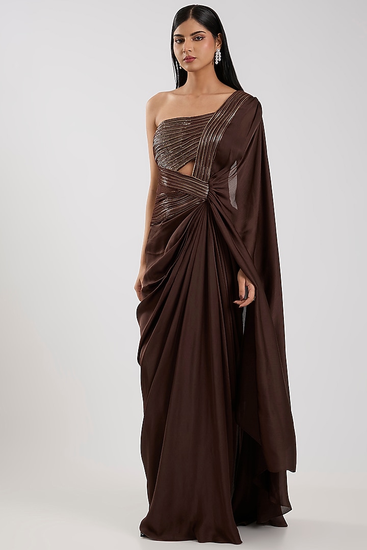 Chocolate Brown Satin Chiffon Reception Gown Saree by Amit Aggarwal at Pernia's Pop Up Shop
