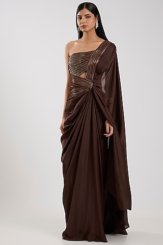 Chocolate Brown Satin Chiffon Gown Saree by Amit Aggarwal