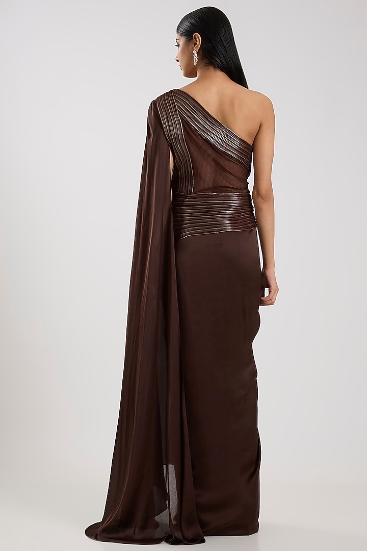 Chocolate Brown Satin Chiffon Reception Gown Saree by Amit Aggarwal at Pernia's Pop Up Shop