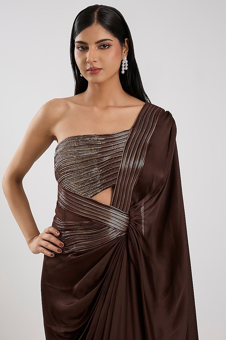 Chocolate Brown Satin Chiffon Reception Gown Saree by Amit Aggarwal at Pernia's Pop Up Shop
