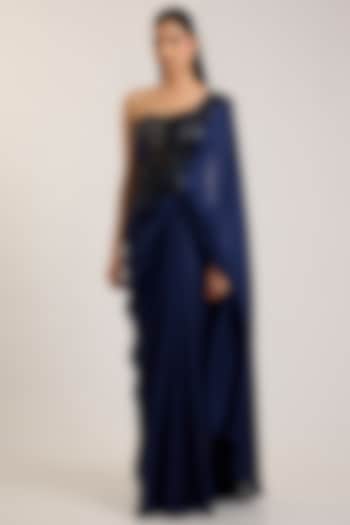 Cosmos Blue Satin Chiffon Reception Gown Saree by Amit Aggarwal at Pernia's Pop Up Shop