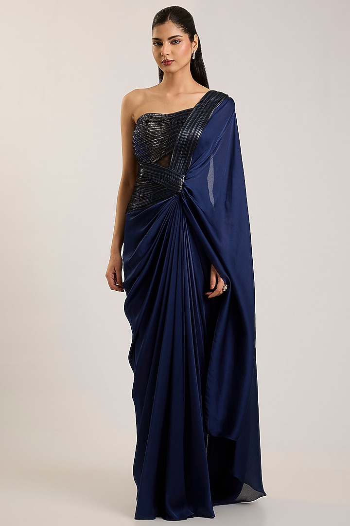 Cosmos Blue Satin Chiffon Reception Gown Saree by Amit Aggarwal at Pernia's Pop Up Shop