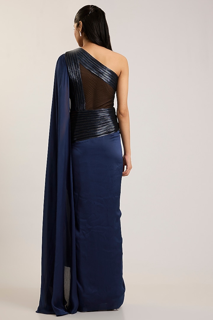 Cosmos Blue Satin Chiffon Reception Gown Saree by Amit Aggarwal at Pernia's Pop Up Shop