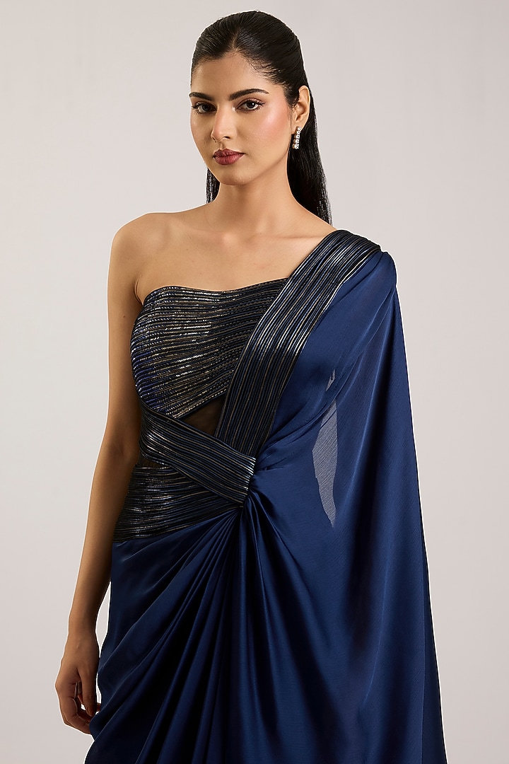 Cosmos Blue Satin Chiffon Reception Gown Saree by Amit Aggarwal at Pernia's Pop Up Shop