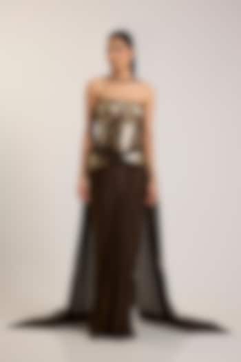 Chocolate Brown Mineral Jersey Bridal Gown With Dupatta by Amit Aggarwal at Pernia's Pop Up Shop