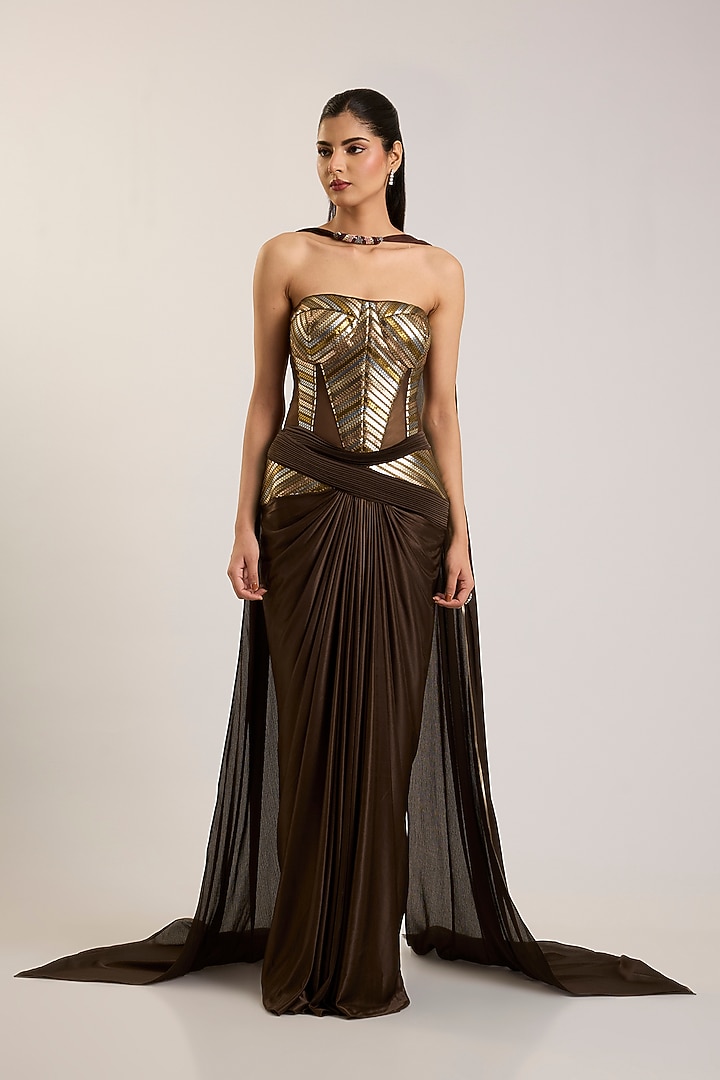 Chocolate Brown Mineral Jersey Bridal Gown With Dupatta by Amit Aggarwal at Pernia's Pop Up Shop