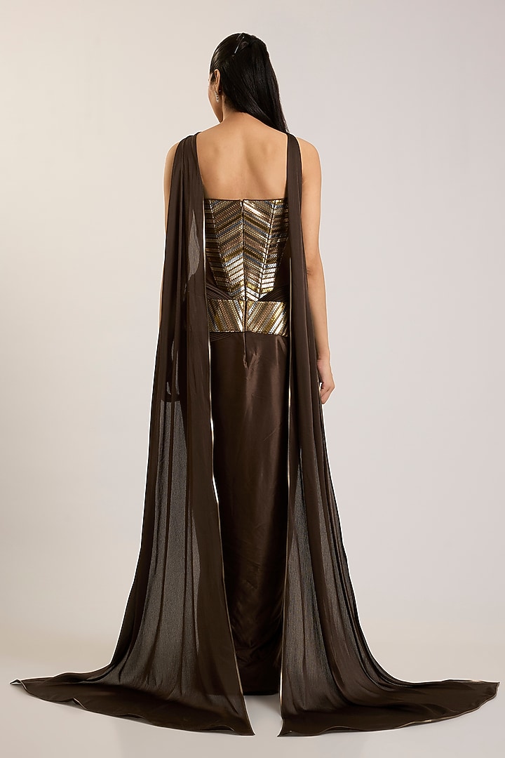 Chocolate Brown Mineral Jersey Bridal Gown With Dupatta by Amit Aggarwal at Pernia's Pop Up Shop