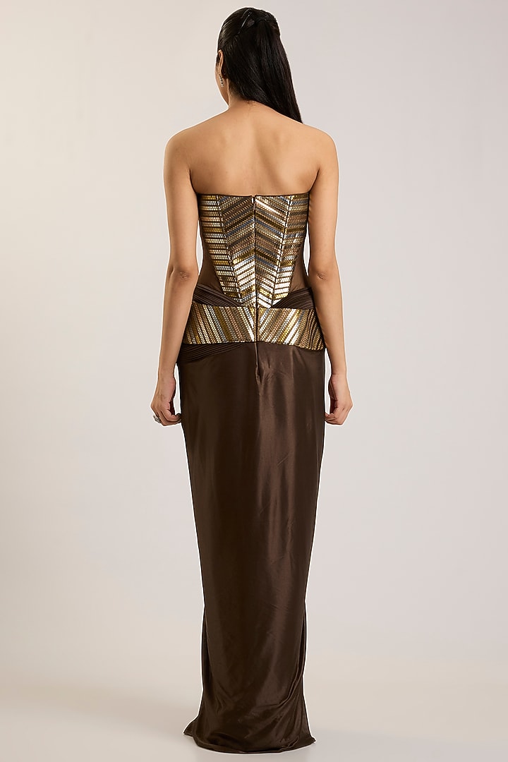 Chocolate Brown Mineral Jersey Bridal Gown With Dupatta by Amit Aggarwal at Pernia's Pop Up Shop