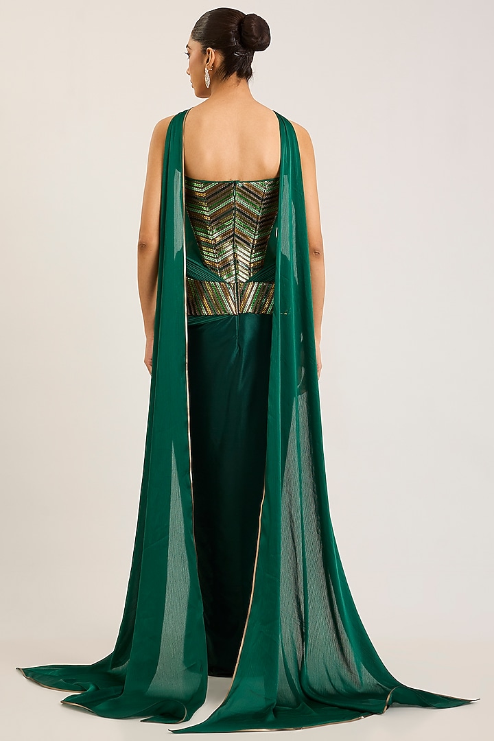 Emerald Satin Chiffon Bridal Gown With Choker Dupatta by Amit Aggarwal at Pernia's Pop Up Shop