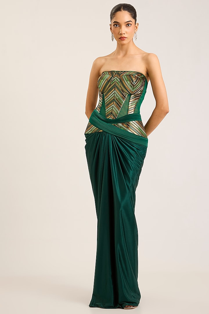 Emerald Satin Chiffon Bridal Gown With Choker Dupatta by Amit Aggarwal at Pernia's Pop Up Shop
