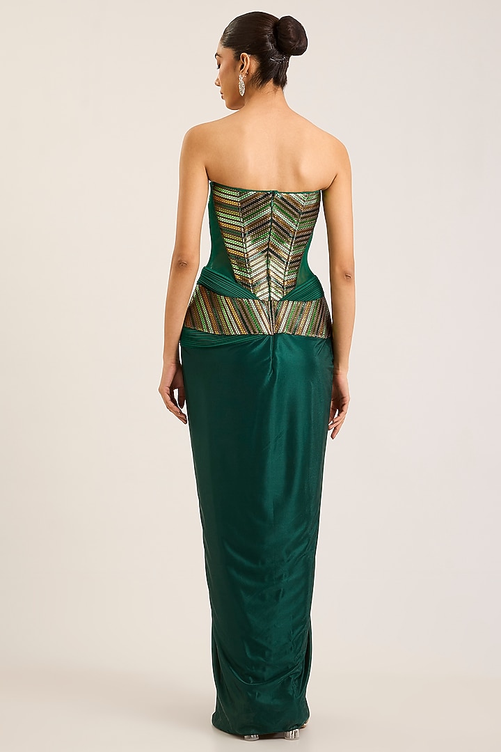 Emerald Satin Chiffon Bridal Gown With Choker Dupatta by Amit Aggarwal at Pernia's Pop Up Shop
