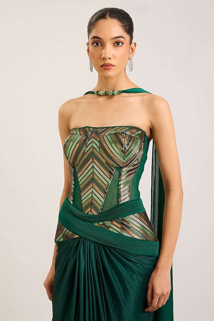 Emerald Satin Chiffon Bridal Gown With Choker Dupatta by Amit Aggarwal at Pernia's Pop Up Shop