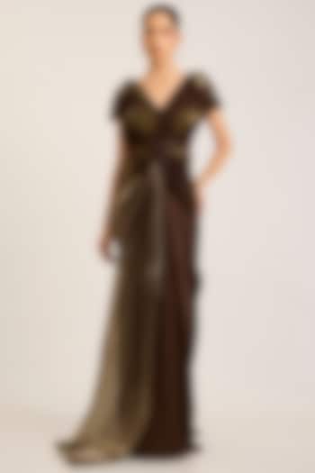 Chocolate Brown Satin Chiffon Metallic Structured Bridal Gown by Amit Aggarwal at Pernia's Pop Up Shop