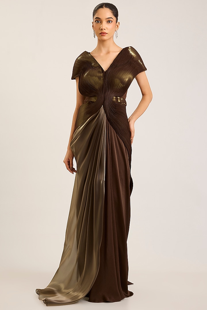 Chocolate Brown Satin Chiffon Metallic Structured Bridal Gown by Amit Aggarwal at Pernia's Pop Up Shop