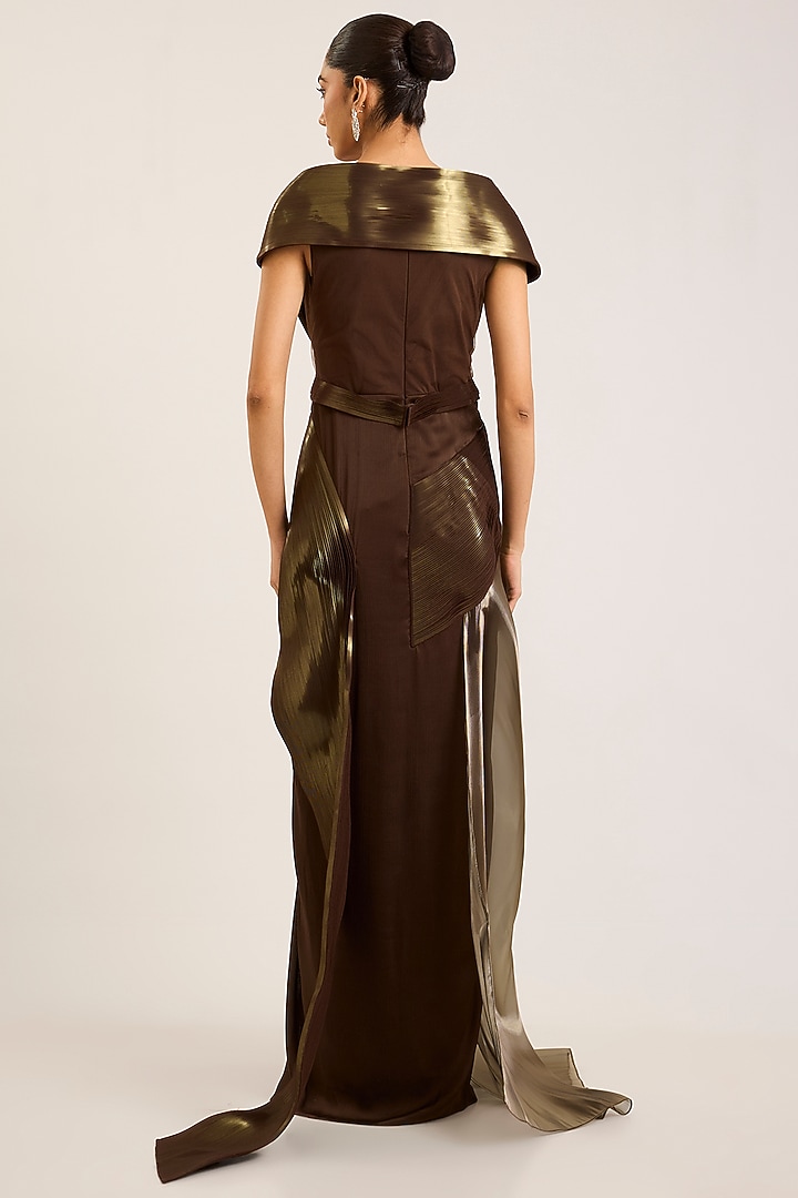 Chocolate Brown Satin Chiffon Metallic Structured Bridal Gown by Amit Aggarwal at Pernia's Pop Up Shop