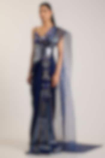 Cosmos Blue Organza Bead Embroidered Bridal Gown Saree by Amit Aggarwal at Pernia's Pop Up Shop