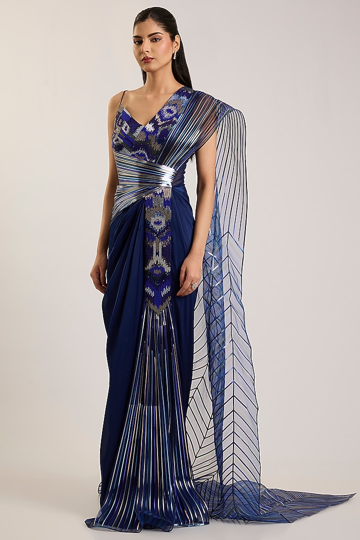 Cosmos Blue Organza Bead Embroidered Bridal Gown Saree by Amit Aggarwal at Pernia's Pop Up Shop