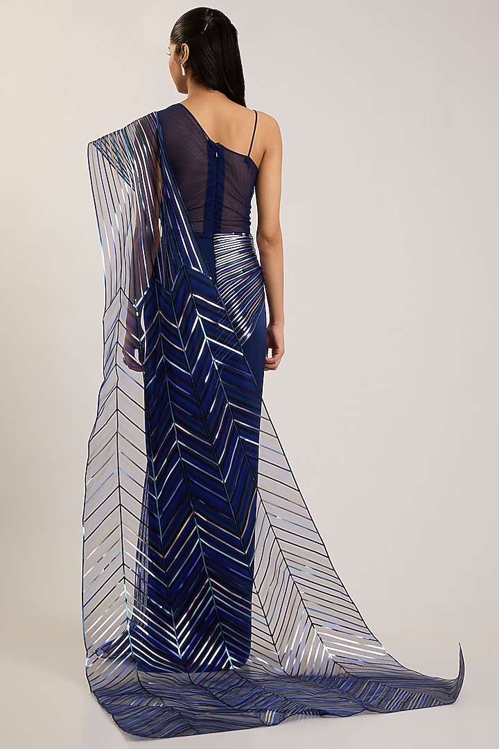 Cosmos Blue Organza Bead Embroidered Bridal Gown Saree by Amit Aggarwal at Pernia's Pop Up Shop