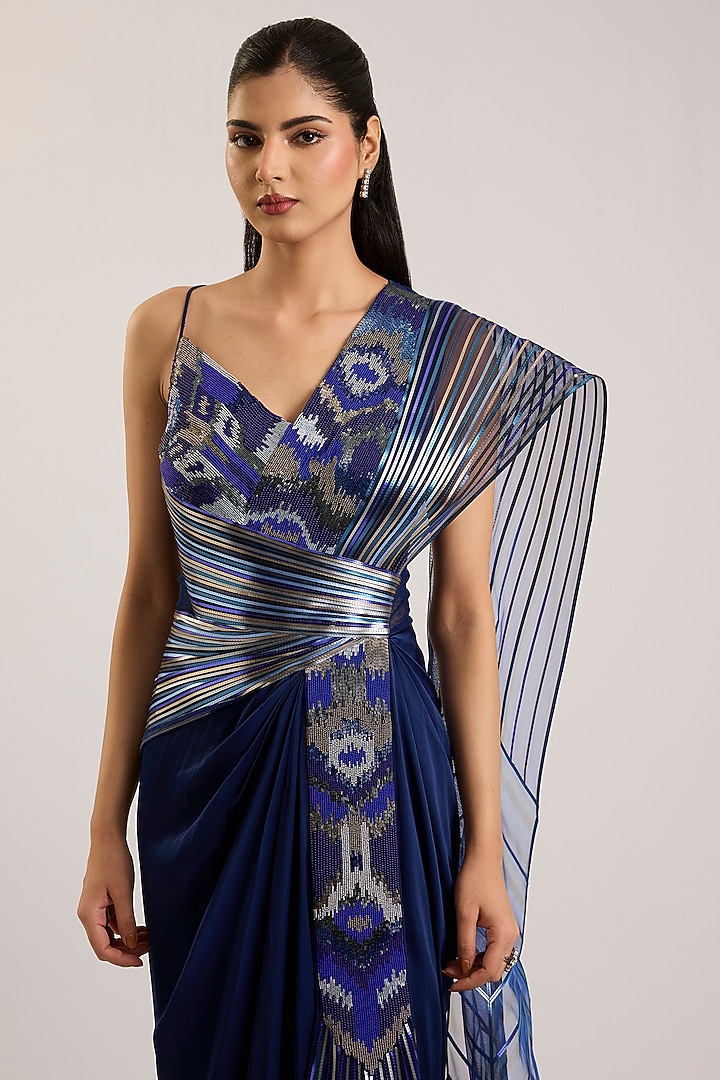 Cosmos Blue Organza Bead Embroidered Bridal Gown Saree by Amit Aggarwal at Pernia's Pop Up Shop