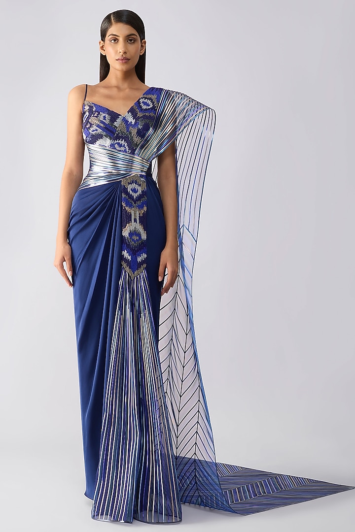 Cosmos Satin Chiffon & Tulle Metallic Draped Bridal Saree by Amit Aggarwal at Pernia's Pop Up Shop
