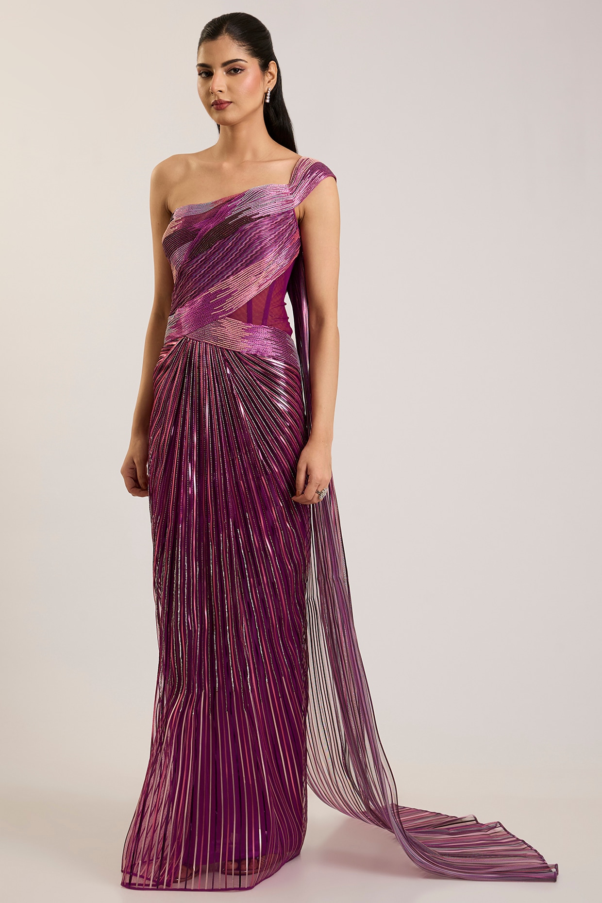 Amit Aggarwal Oxblood Red Tulle Gown Saree