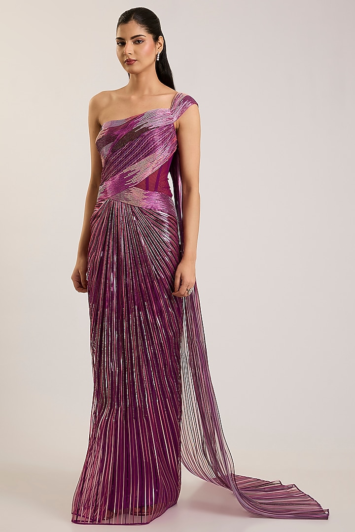 Oxblood Red Tulle Bridal Gown Saree by Amit Aggarwal at Pernia's Pop Up Shop