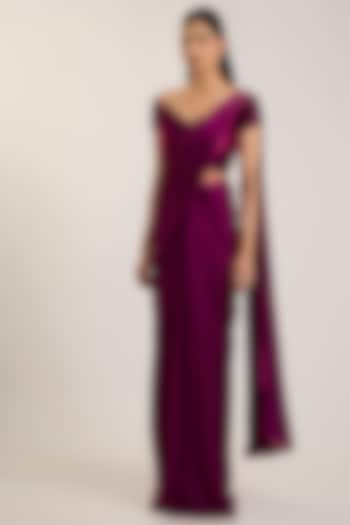Oxblood Red Satin Chiffon Draped Reception Saree Set by Amit Aggarwal at Pernia's Pop Up Shop
