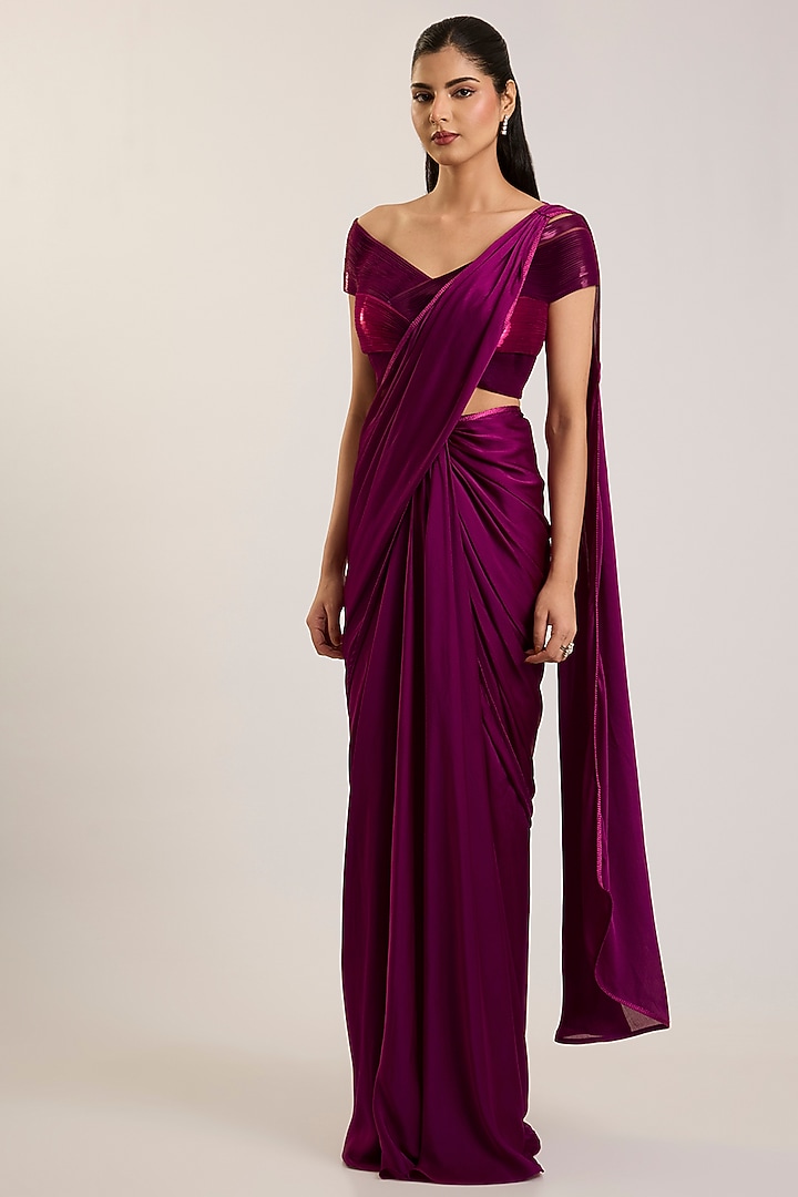 Oxblood Red Satin Chiffon Draped Reception Saree Set by Amit Aggarwal at Pernia's Pop Up Shop