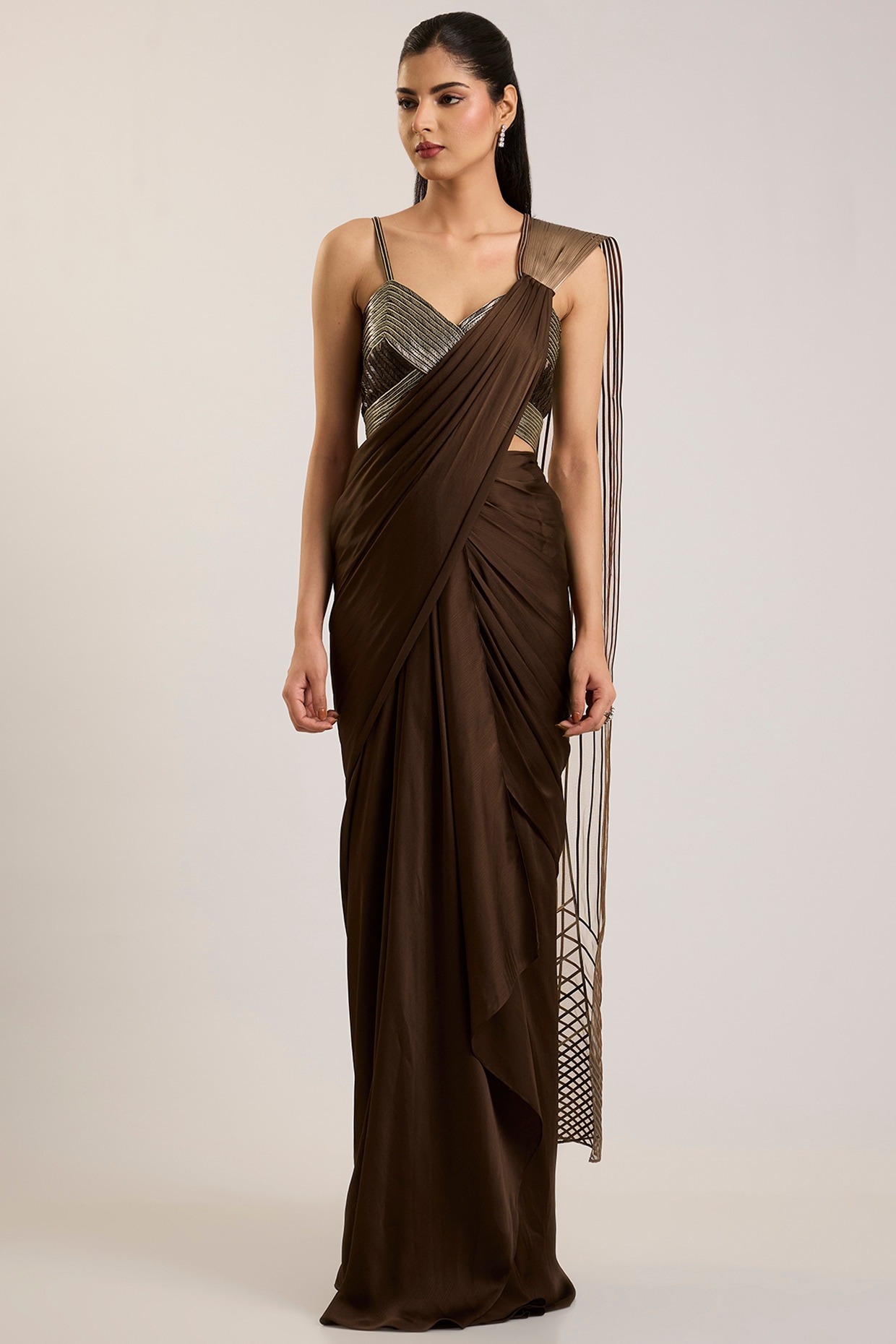 Amit Aggarwal Chocolate Brown Satin Chiffon Draped Saree Set