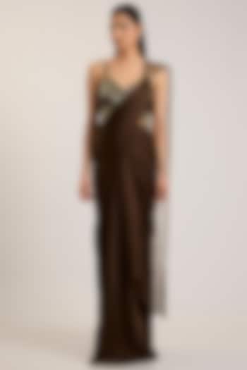 Chocolate Brown Satin Chiffon Draped Bridal Saree Set by Amit Aggarwal at Pernia's Pop Up Shop