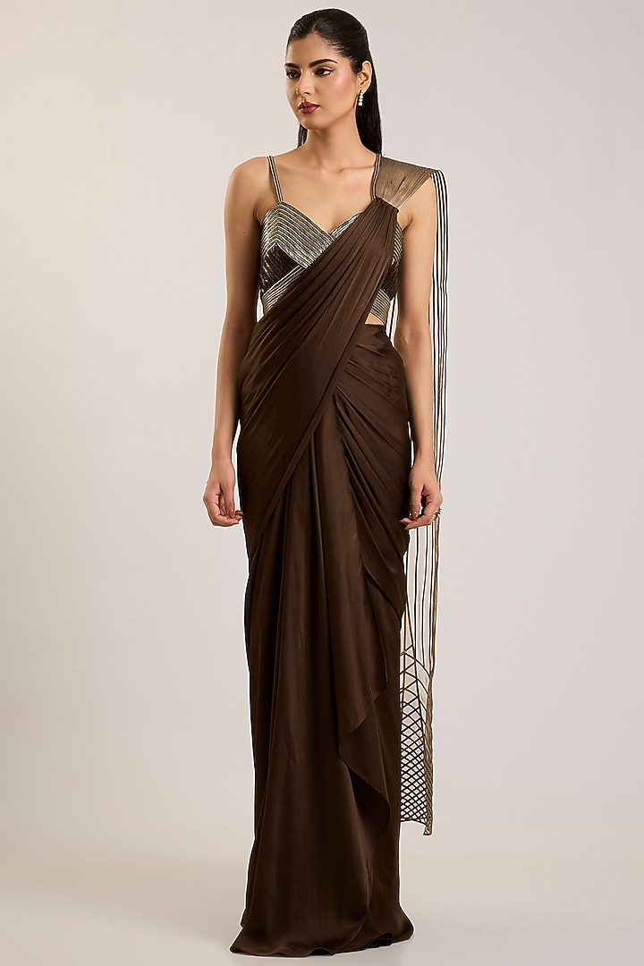 Chocolate Brown Satin Chiffon Draped Bridal Saree Set by Amit Aggarwal at Pernia's Pop Up Shop