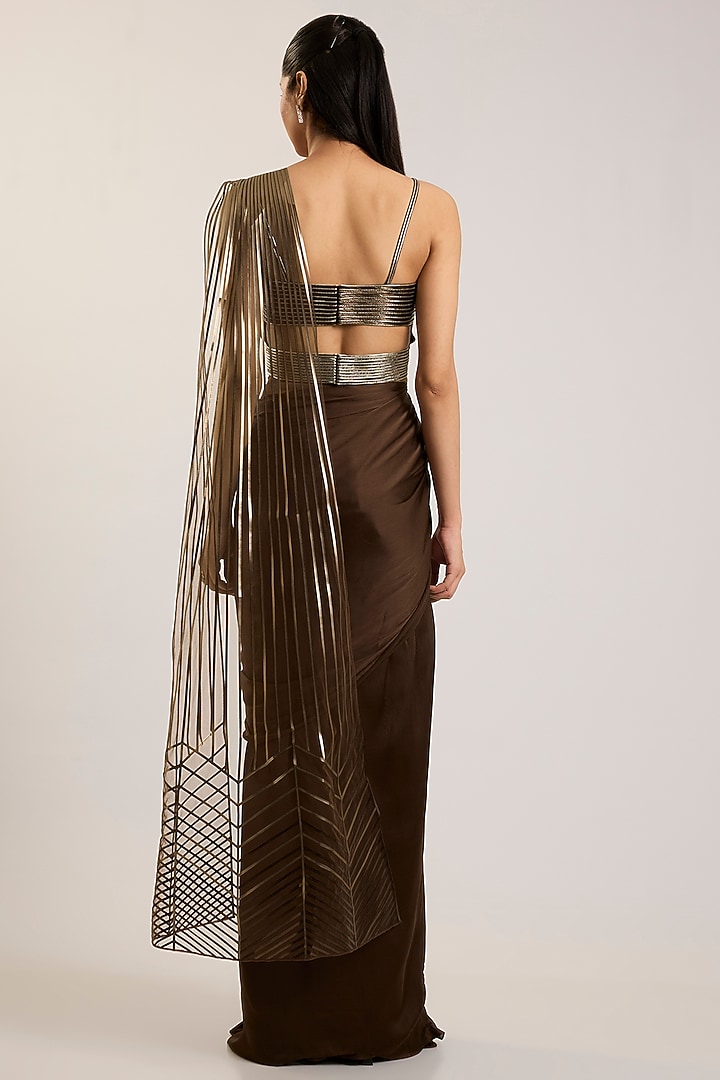 Chocolate Brown Satin Chiffon Draped Bridal Saree Set by Amit Aggarwal at Pernia's Pop Up Shop