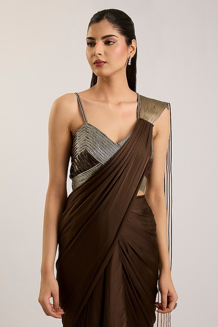 Chocolate Brown Satin Chiffon Draped Bridal Saree Set by Amit Aggarwal at Pernia's Pop Up Shop