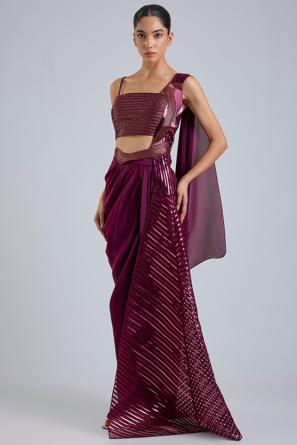 Amit Aggarwal Oxblood Satin Chiffon Draped Skirt Saree Set