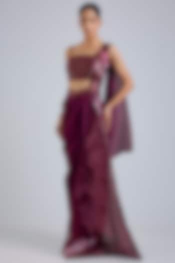 Oxblood Satin Chiffon Draped Skirt Reception Saree Set by Amit Aggarwal at Pernia's Pop Up Shop