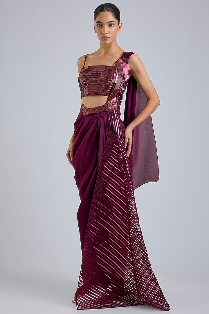 Oxblood Satin Chiffon Draped Skirt Reception Saree Set by Amit Aggarwal at Pernia's Pop Up Shop
