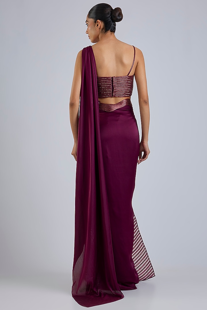 Oxblood Satin Chiffon Draped Skirt Reception Saree Set by Amit Aggarwal at Pernia's Pop Up Shop