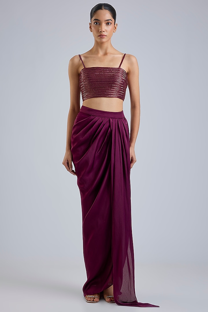 Oxblood Satin Chiffon Draped Skirt Reception Saree Set by Amit Aggarwal at Pernia's Pop Up Shop