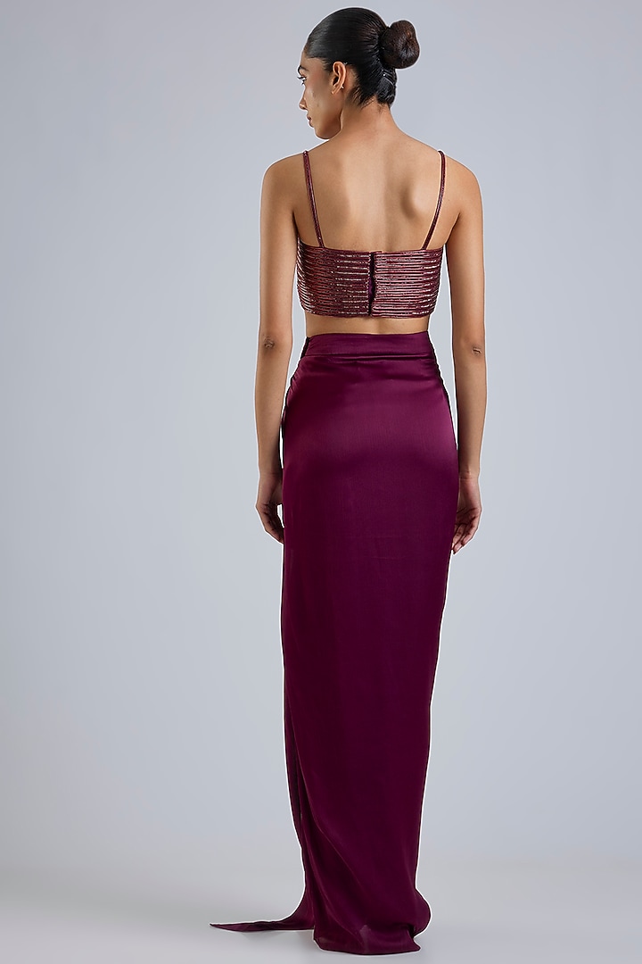 Oxblood Satin Chiffon Draped Skirt Reception Saree Set by Amit Aggarwal at Pernia's Pop Up Shop