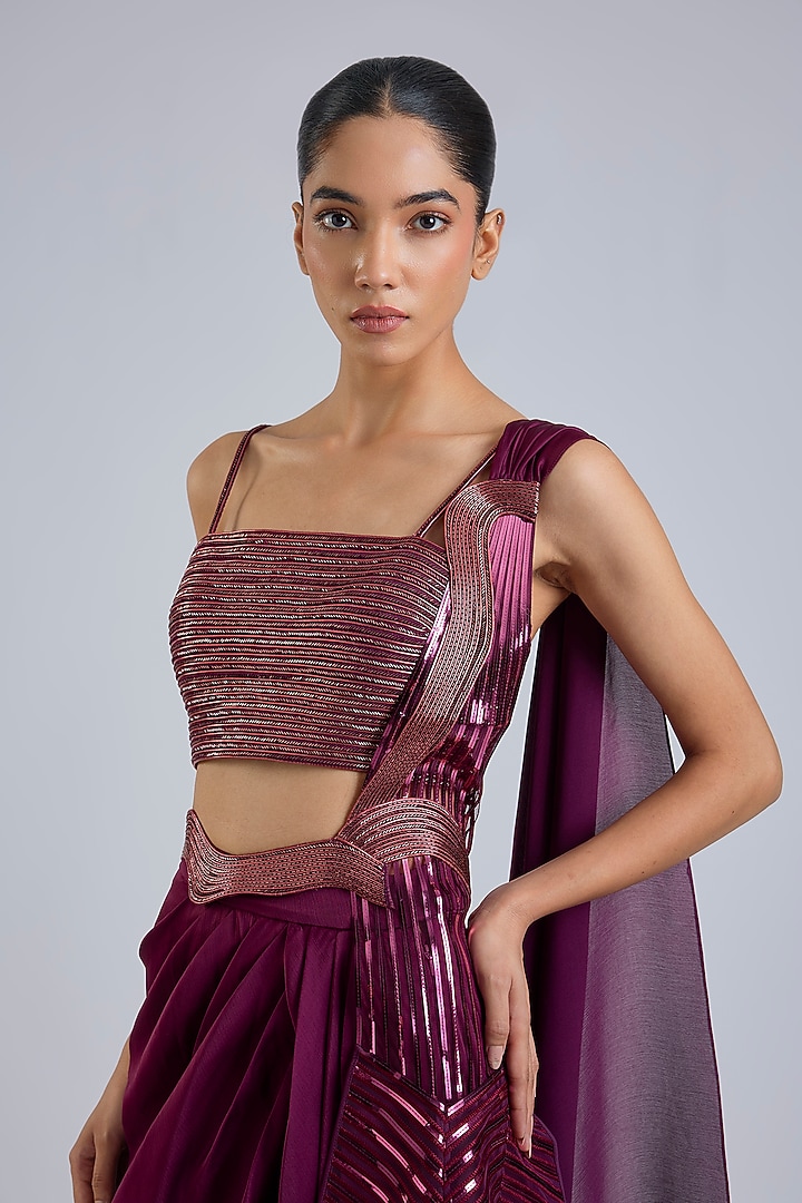 Oxblood Satin Chiffon Draped Skirt Reception Saree Set by Amit Aggarwal at Pernia's Pop Up Shop