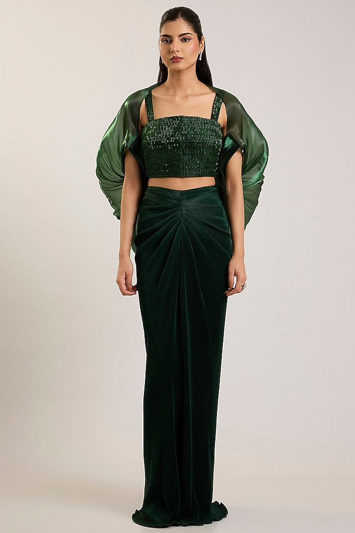 Emerald Green Jersey Draped Skirt Set by Amit Aggarwal at Pernia's Pop Up Shop