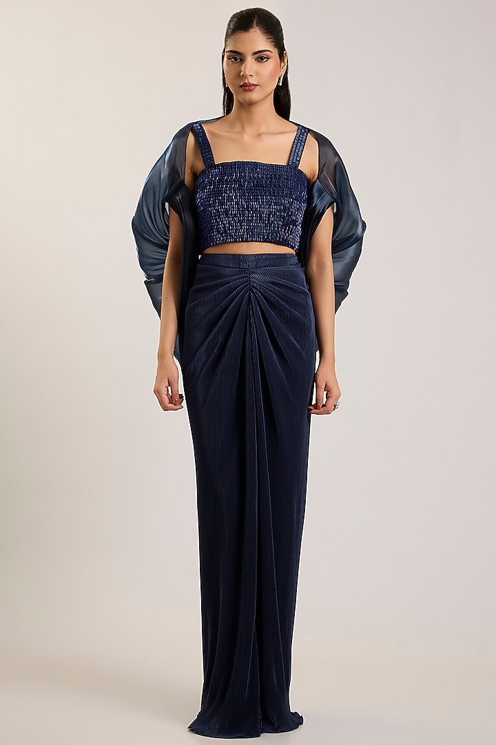 Cosmos Blue Jersey Draped Skirt Set by Amit Aggarwal at Pernia's Pop Up Shop