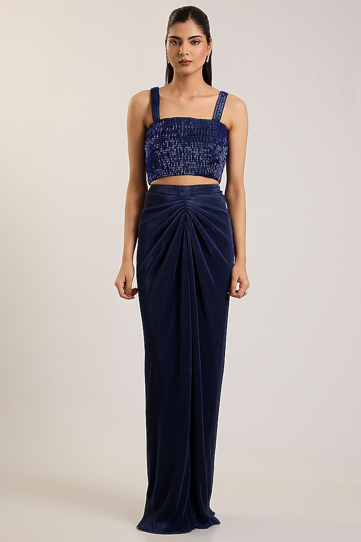 Cosmos Blue Jersey Draped Skirt Set by Amit Aggarwal at Pernia's Pop Up Shop