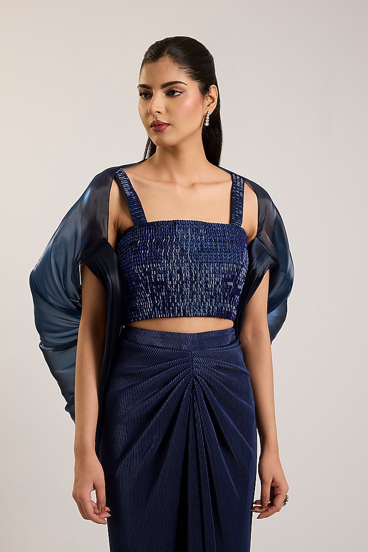 Cosmos Blue Jersey Draped Skirt Set by Amit Aggarwal at Pernia's Pop Up Shop