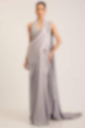 Silver Satin Chiffon Draped Reception Saree Set by Amit Aggarwal at Pernia's Pop Up Shop