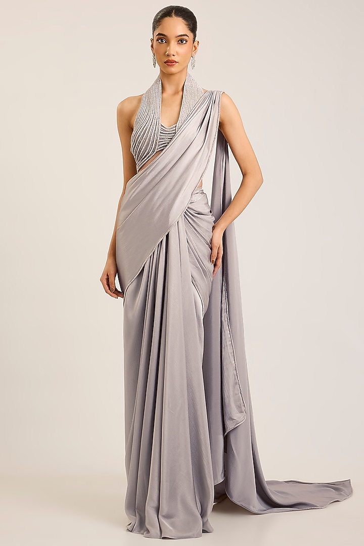 Silver Satin Chiffon Draped Reception Saree Set by Amit Aggarwal at Pernia's Pop Up Shop