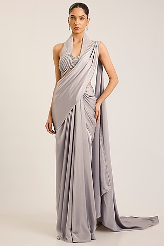 Silver Satin Chiffon Draped Saree Set by Amit Aggarwal