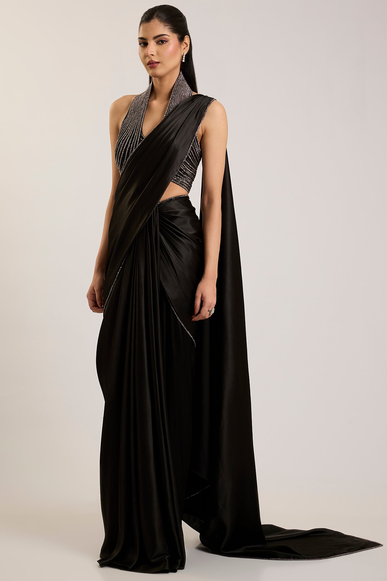 Amit Aggarwal Onyx Black Chiffon Draped Saree Set