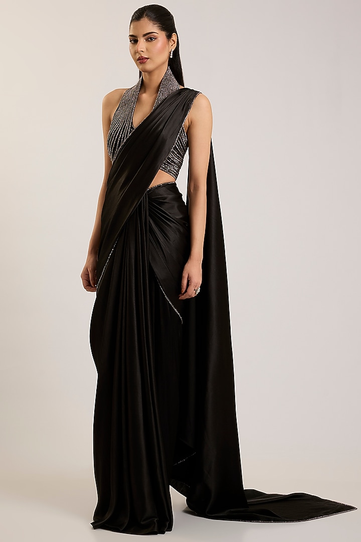 Onyx Black Chiffon Draped Reception Saree Set by Amit Aggarwal at Pernia's Pop Up Shop