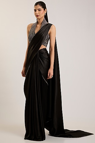 Onyx Black Chiffon Draped Saree Set by Amit Aggarwal